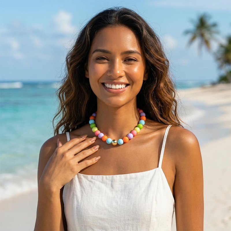 ANDKISS Colorful Chunky Beaded Necklace for Women, Statement Boho Necklace