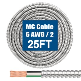 6/2 MC Cable with Ground - 25FT Pure Copper 6AWG/2 Metal Clad Wire with Aluminum Armor 6 Gauge 2 Conductor Type MC Alum Cable
