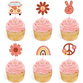 Bymivofun Pack of 24 Hippie Party Cupcake Toppers, Two Groovy Party Decorations, Peace Love Cupcake Toppers, for Flower Girl Birthday Party, 60s Theme Boho Rainbow Party Supplies