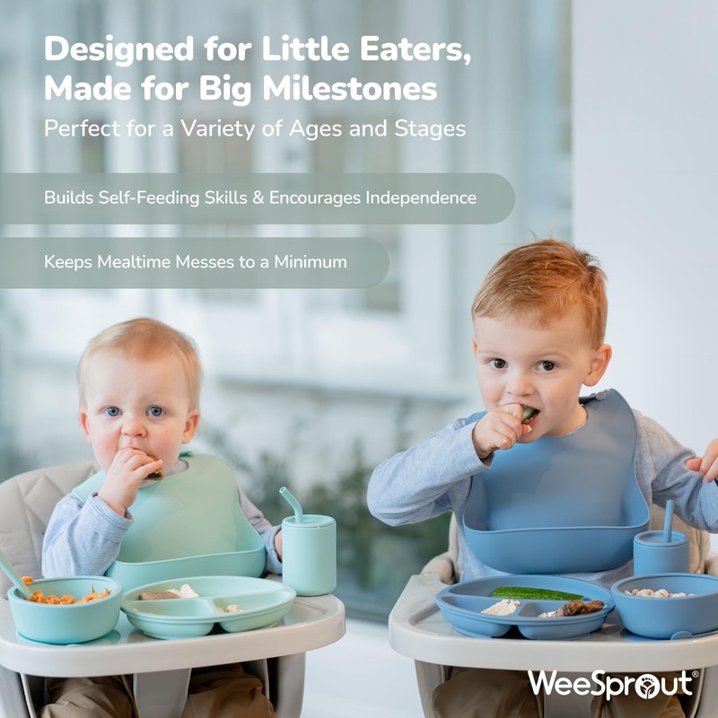WeeSprout Baby Led Weaning Bundle, Silicone Suction Bowl, Spoons, Bib