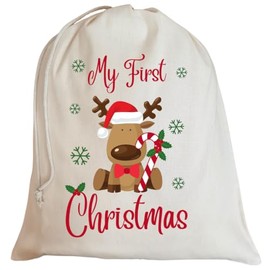 Second Ave Cute Children's My First Christmas Reindeer Cotton Drawstring Xmas Santa Sack Bag Gift