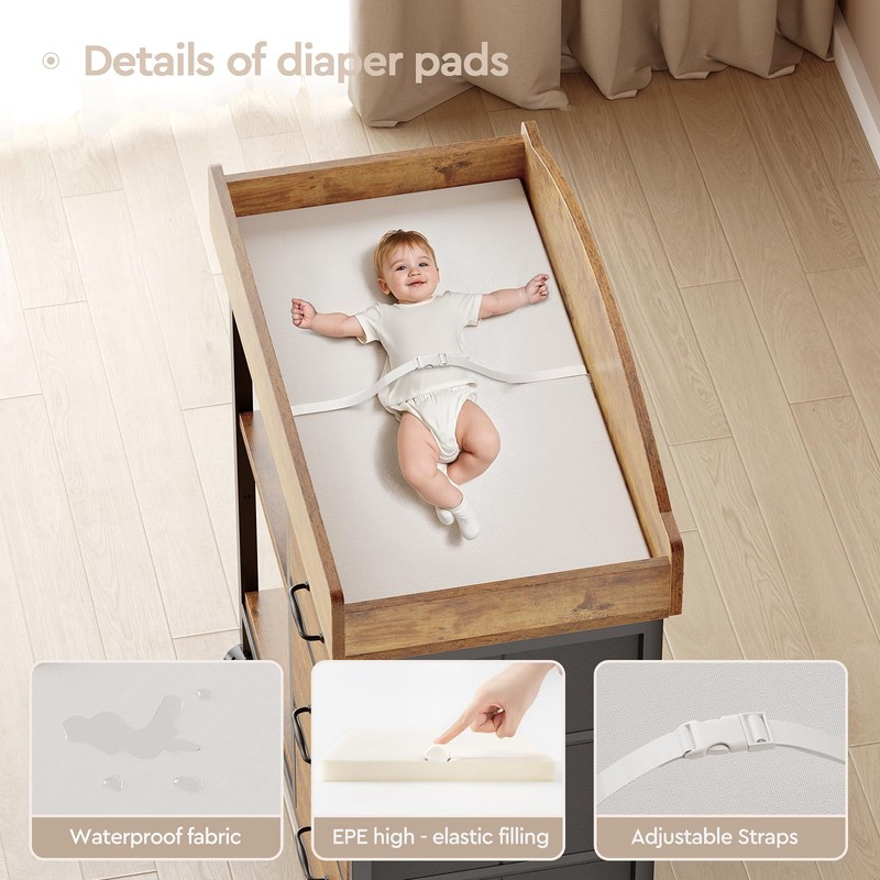 YeTom Changing Table Dresser, Baby Dresser with 3 Fabric Drawers