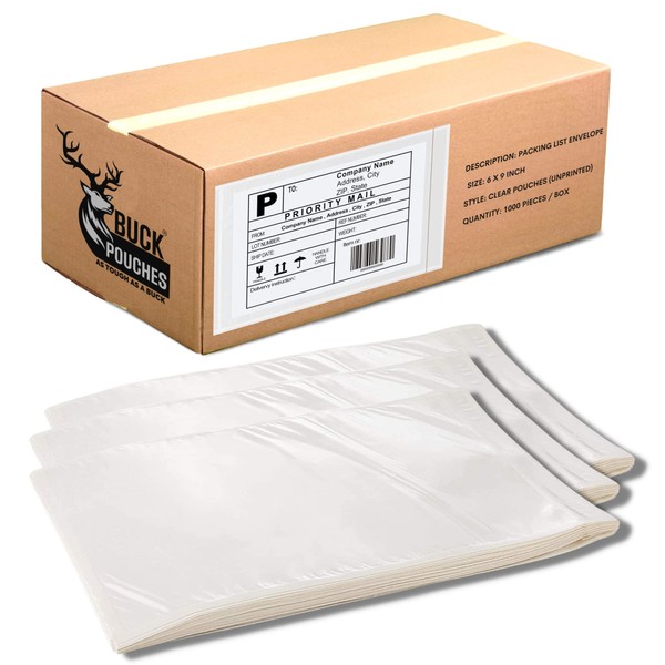 1000 Pack 6"x9" Shipping Label Sleeves - Packing Slip Envelope Pouches with Self-Adhesive Peel & Seal - Clear Unprinted Plastic & Waterproof Mailing List Holder Ideal for Labels, Invoice & Documents