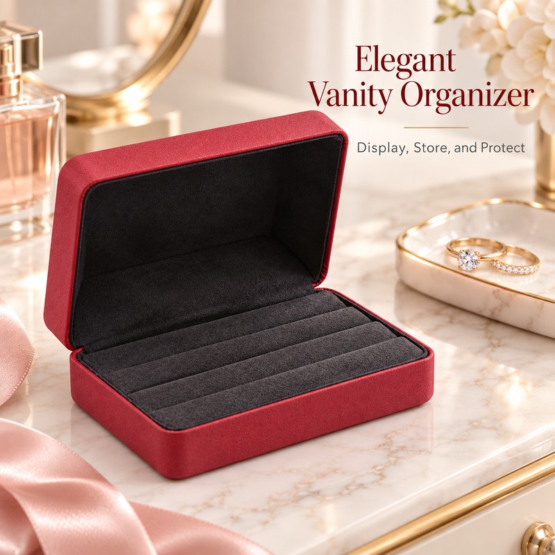 Red PU Leather Ring Jewelry Box – Velvet-Lined Multi-Ring Organizer