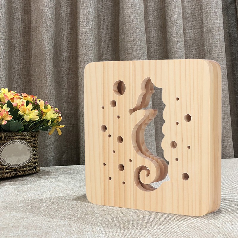 Wooden 3D LED Light Hollow Seahorse Pattern USB Power Supply