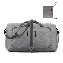 Businey Large Foldable Travel Duffe Bag, 65L Lightweight Waterproof Hand Luggage Bag with Shoes Compartment, Foldable Holdall Bag for Women Men Weekend Overnight Sports Grey