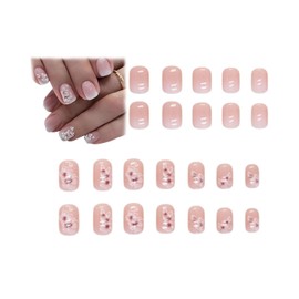 FUGLUS 24 Stück Weiß Eckig Nägel Zum Aufkleben Kurz mit Blumen Muster,Gradient Pink Press on Nails,Kunstnägel Fake Nails für Nails Art,Square French Künstliche Nägel Frauen