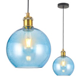 Blue Glass Pendant Lights Kitchen Island Lighting Globe Pendant Light Fixtures Modern Hand Blown Glass Lighting for Kitchen Island Bedroom Dining Room-7.8Inch