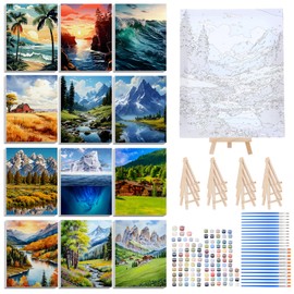 RoundFunny 12 Set Paint by Numbers Kit for Adults Landscape Painting 8x10 Inch with Wooden Frame Easel Acrylic Paints Brushes Watercolor Oil Paint by Number Gifts for Home Wall Decor
