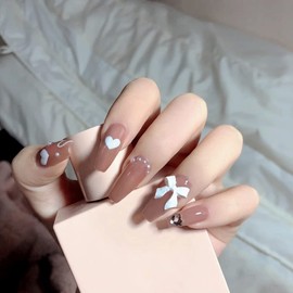 Set of 24 Nail Tips, 12 Different Sizes, Medium Length, Muted Brown Tweed, Butterfly Ties and Trendy White Design