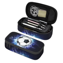 Estuche para lpices para nios con pelota de ftbol, estuche deportivo para lpices, caja para lpices de gran capacidad, color negro y azul, organizador 