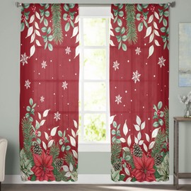 IDOWMAT Christmas Curtains Chiffon Sheer Curtains 63 Inches Long Christmas Poinsettia Flowers Winter Cedar and Berries Red Curtains for Living Room Bedroom, Rod Pocket Voile Drapes 52"x63", 2 Panels