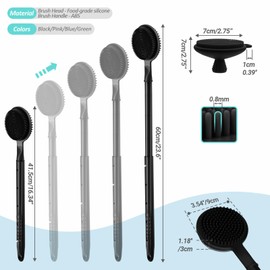 GEENOA Adjustable Silicone Back & Face Scrubber Set, 16''-24'' Extendable Shower Back Scrubber with Dual-Side Head and Lathering Bristles, Manual Face Scrubber with Soft Bristle Non-Slip Handle(Black)