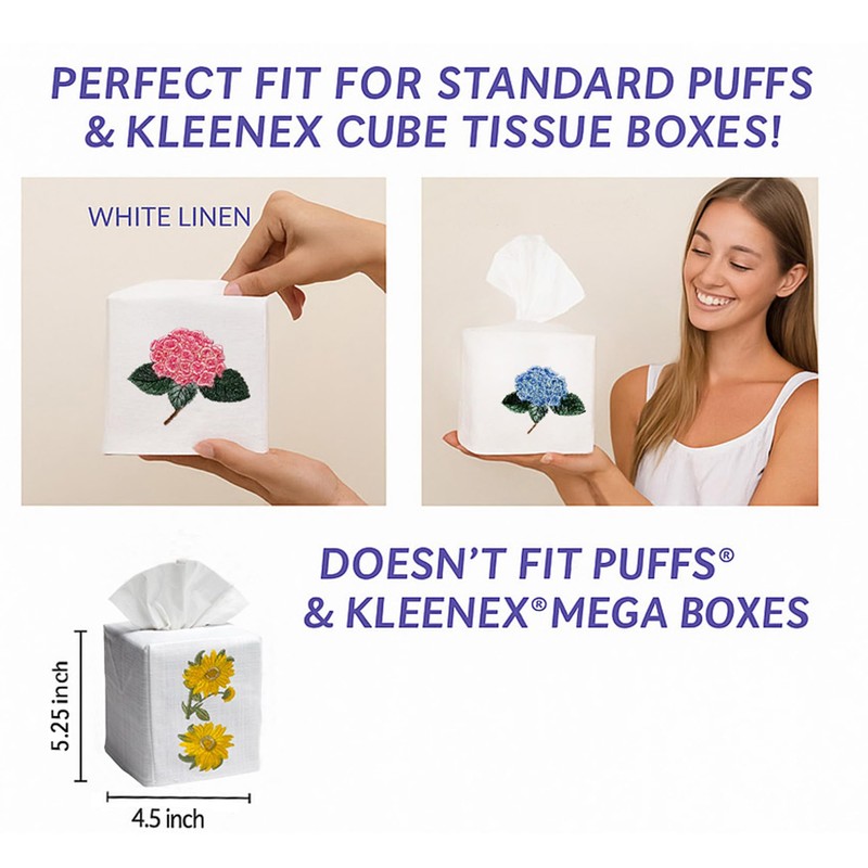 Tissue Box Cover, Linen/Cotton - Potted Primrose, Blue