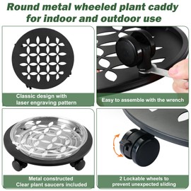 DEELF OUTLET 3 Packs 12" Large Metal Plant Caddy with Wheels Heavy-duty Plant Dolly Pot Mover Rollers Rolling Plant Stands Indoor Outdoor Wheeled Plant Holder Coaster Trolley, Black