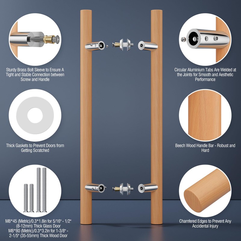 Ranbo 24" Solid Beech Wood Push Pull Door Handle, 16"