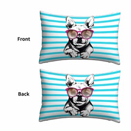Mugod Cushion Cover Case French Bulldog with Sunglasses on Blue Lines Background,Decorative Throw Pillow Case for Sofa Couch Bed Chair,20x30 Inches