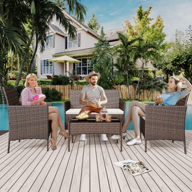 4 Pieces Outdoor Patio Furniture Sets, PE Rattan Wicker Chair Sofa Set with Tempered Glass Table & High-Density Cushions, Waterproof Balcony Garden Poolside Lounge Set, Black Rattan/Beige
