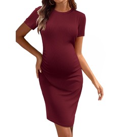 Ekouaer Women Maternity Dresses Short Sleeve Crewneck Pregnancy Clothes Casual Bodycon Baby Shower Dress （Wine Red,M
