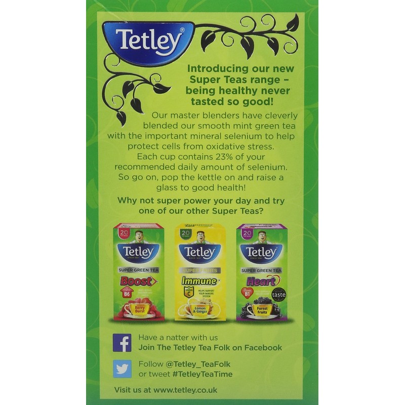 Tetley Tea Detox Super Green Mint Tea Bag, 40 g