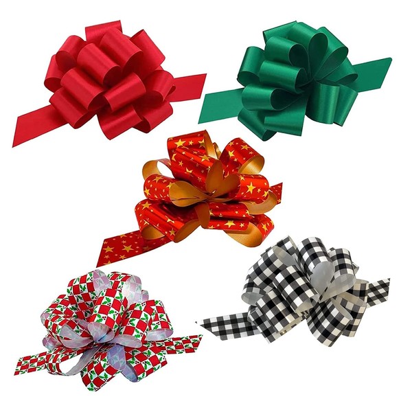 Assorted Christmas Gift Pull Bows - 5" Wide, Set of 50, Red, Green, Gold Stars, Checker Christmas Holly, Red & Black Buffalo Plaid, Gift Basket, Presents, Wreath, Decoration, Office, Classroom