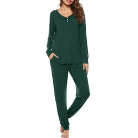 Vlazom Pyjamas Set for Women, Super Soft Pj's Sets Long Sleeve Tops and Pants Ladies Pyjamas Set with Pockets,A-Dark Green,XL