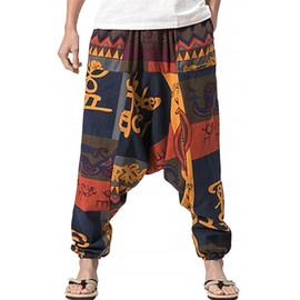perdontoo Mens Casual Harem Pants Cotton Boho Yoga Hippie Aladdin Summer Beach Drop Crotch Trouser (36, Style 1)