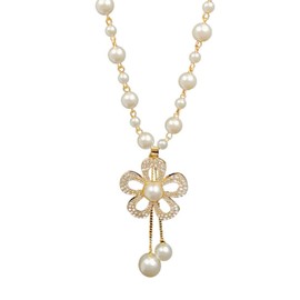 Simulated Pearl Rhinestone Flower Pendant Long Chain Sweater Necklace Fashion Elegant Jewelry for Women(Golden)