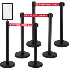 Therwen 6 Pack Heavy Duty Crowd Control Stanchions 9.8 ft Stainless Steel Stanchion Set with 6 Safety Barrier Post Retractable Belt and 1 Sign Holder Crowd Control Barrier (Black,Caution Belt)