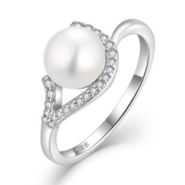 YIFSIY Pearl Engagement Ring for Women, 925 Sterling Silver 8mm Round Freshwater White Pearl With Diamond Anniversary Promise Ring for Her Size 8