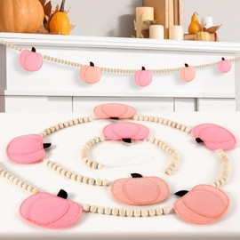 Fall Felt 3D Pumpkin Garland, Fall Decorations for Home, Felt Pink Pumpkin Garland and Wood Bead for Fall Decor, Fall Pumpkin Banner for Mantle Autumn Thanksgiving Party Supplies Home Wall Decor