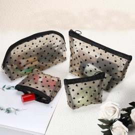 VOCOSTE 4pcs Heart Shape Print Mesh Makeup Bag, Makeup Bag Clear, Mesh Bags with Zipper, Clear Makeup Pouch Mesh Bags, Make Up Bags for Women, Beige