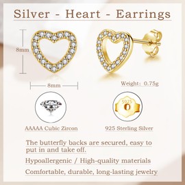 Estrellique 925 Sterling Silver Stud Earrings, Zircon Small Stud Earrings, Hollow Heart/Star Stud Earrings for Women Girls, Hypoallergenic Cartilage Sleeping Stud Earrings, 8 mm Silver/Rose Gold/Gold