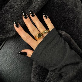 KQueenest 48 Pcs Black Press on Nails Almond Medium Length, Press on Black Nails, Solid Color Medium Fake Nails Acrylic, Stiletto Nails Glue on, Long-Lasting Gel Stick on Nails for Women Gift