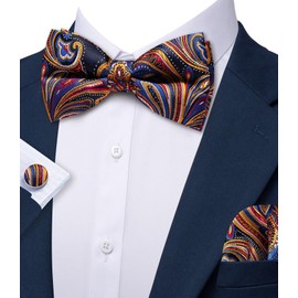 Barry.Wang Gold Blue Red Bow Tie Set Men Floral Silk Pre-Tied Bowtie Pocket Square Cufflinks Formal Wedding Party Prom