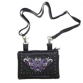 Motorcycle Womens Studed Purple Tribal Butterfly Real Leather Purse Bag w/clip