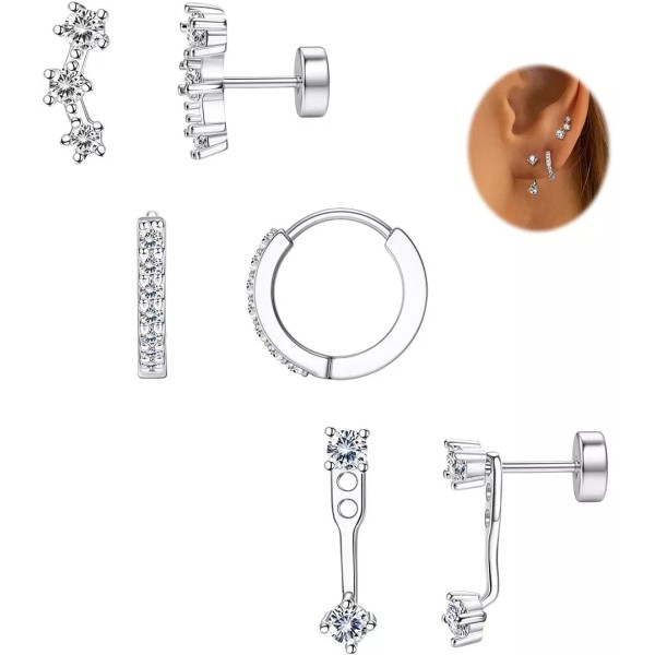 925 Sterling Silver Flat Back Earrings Set for Multiple Piercing