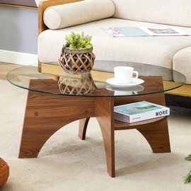 UELKS 31.5" Round Glass Coffee Table for Living Room, Mid Century Modern Center Table with Tempered Glass Top, Small Circle Coffee Tables with Storage for Home, Office