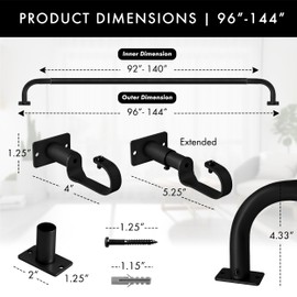 Meriville 1-Inch Diameter Wrap Around Blackout Curtain Rod, 96-Inch to 144-Inch, Black Finish