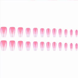 MISUD Coffin Press on Nails Medium Fake Nails Glossy Glue on Nails Pink Ombre Acrylic Nail Supplies Ballerina Artificial Nail Art Summer Gradient Stick on False Nails with Design DIY 24 pcs