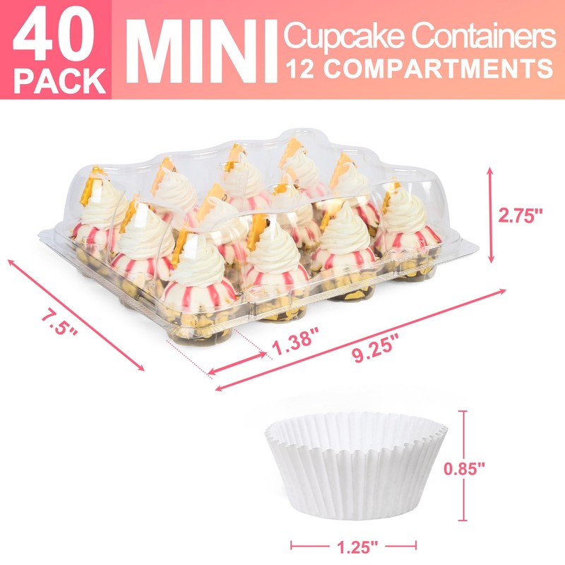 LotFancy Mini Cupcake Containers, 12 Count, 40 Pack, Clear Plastic