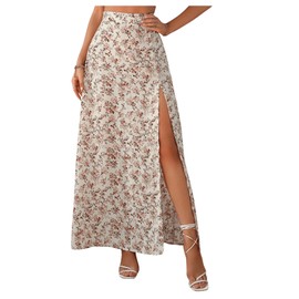 GORGLITTER Women's Skirt Casual Holiday Skirt Floral Long Skirt Casual Summer Skirt Skirts Airy A Line Maxi Skirt with Slit, Apricot colours