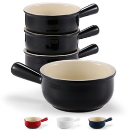 KooK French Onion Soup Bowls, French Onion Soup Crocks, Soup Bowl with Handles, 15 oz, Set of 4, Ceramic Bowls, Microwave, Dishwasher Safe & Oven safe, Stoneware,(Black)