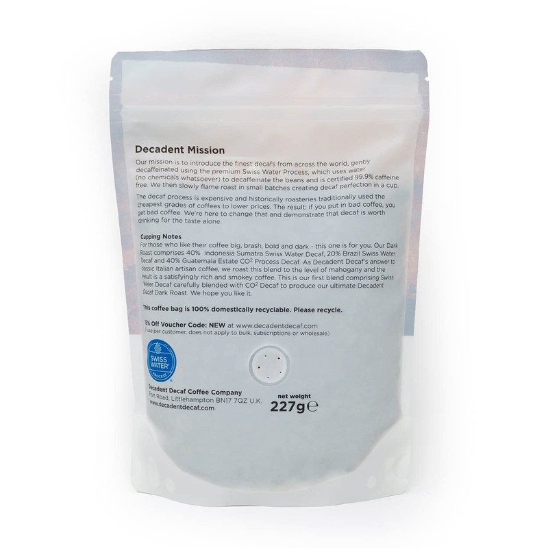 Decaffeinated Strongest Dark Roast Ground Coffee 227g - Decadent Decaf