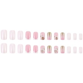 French Tip Press on Nails Short Square Fake Nails with Flower Butterfly Design Glue on Nails Silver Glitter White Glossy Acrylic Artificial Nails Full Cover Stick on Nails for Women 24 Pcs