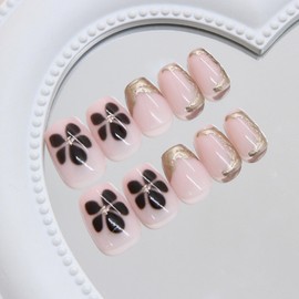 SEENEEY Short Square Press on Nails French Fake Nails Brown Artificial Nail Press ons Flowers Cute Fall Stick on Nail for Women 24pcs
