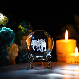 ZEERSHEE 60mm Wolf Crystal Decor Ball with Stand 3D Glass Laser Engraved Wolf Gifts for Wolf Lovers Decorative Glass Wolves Sphere Figurine for Home Office Paperweight Wolves Gifts for Men Women