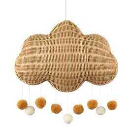 Fun and Chic Cloud Shaped Childrens Rattan Pendant Light Shade with Hanging White and Taupe Pom Pom Balls | 33cm x 24cm by Happy Homewares
