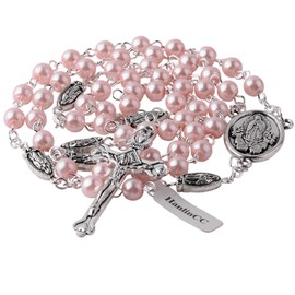 HanlinCC 6mm Glass Pearl Beads Catholic Our Lady of Guadalupe Rosary Necklace for Women and Men with Metal Gift Box (Guadalupe Rosary Pink, Zinc Alloy)