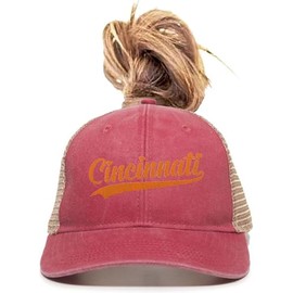 Go All Out One Size Red/Tea Ponytail City of Cincinnati Ohio Pride Fashion Script Ponytail Mesh Back Cap
